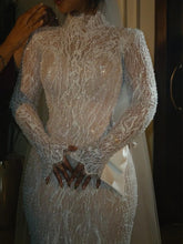 Luxury White Long Mermaid Lace Glitter Wedding Dress With Long Sleeves and Detachable Train